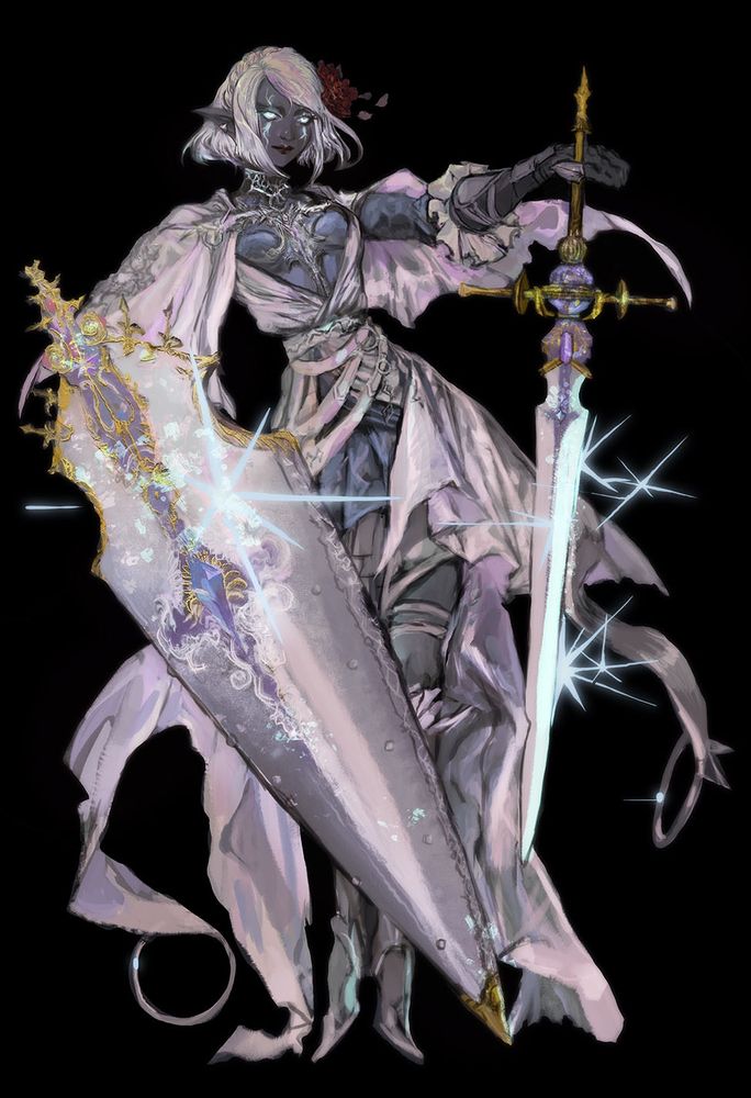 Ff14 commission of a character with a shiny sword and shield 