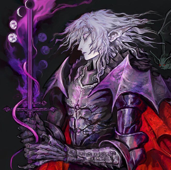 Official art hired by Kira to promote the game Lunacid. Pallid vampire knight looking at a sword emitting plumes of purple that contains the moon phases. Armored in dark shiny metal with batwing shoulder motifs.