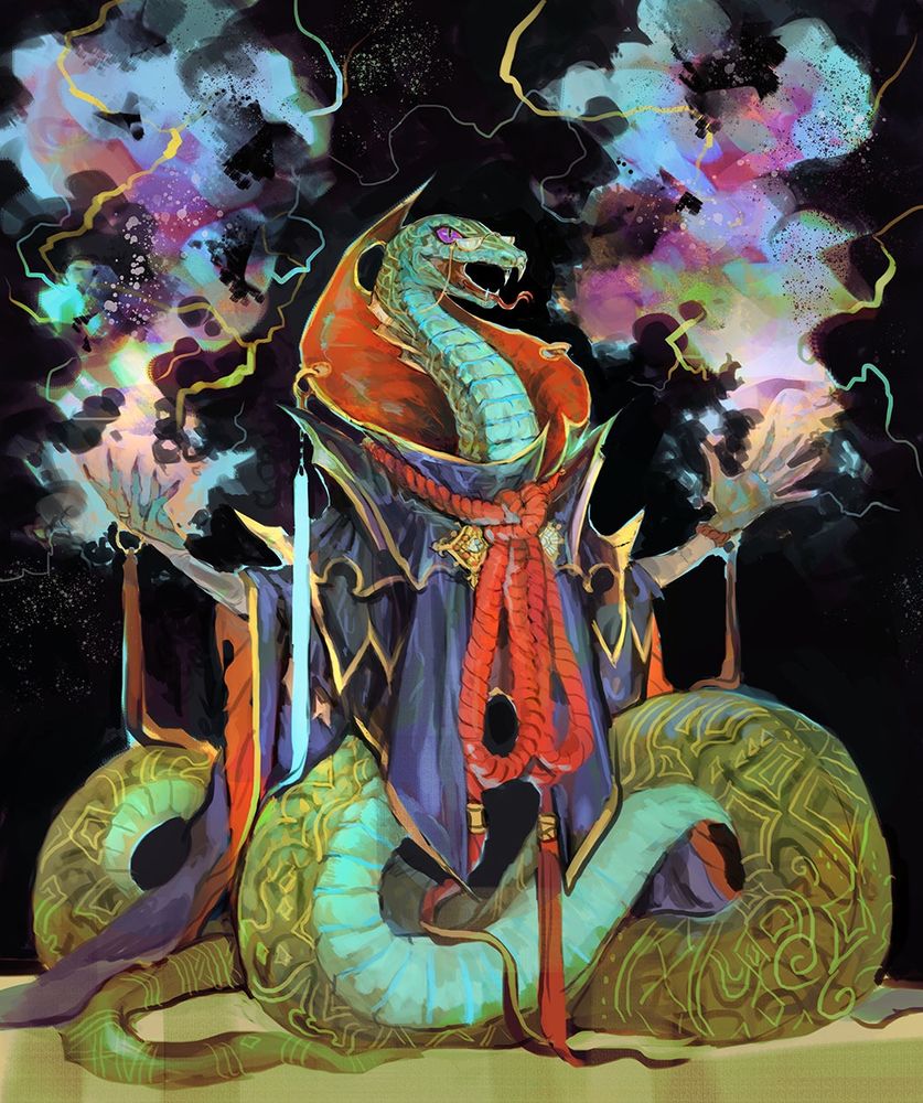 Painting of a snake with an ornate wizard robe and human arms casting magic. 