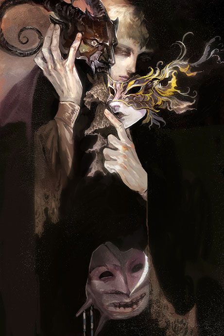 Cover illustration for "Where the Silence Sings" By Emery Blaine. A mysterious young man holds up several masks while wearing a long dark cloak. When focusing on one mask it becomes harder to tell which identity is the true wearer.