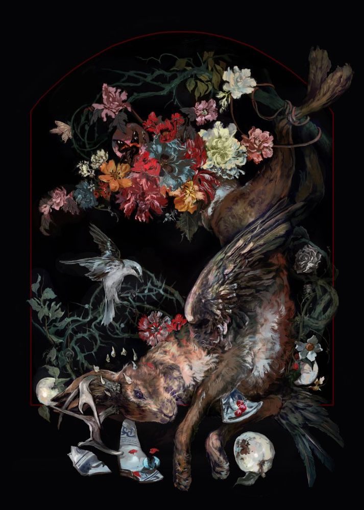 Still life painting of a Jackelope, broken fine china, thorns, pale rotten apples, and a flourish of flowers. 