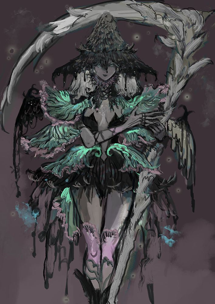 Design of a magical mushroom inspired character wearing a death cap witch hat and holding a scythe inspired by ghost pipe. 