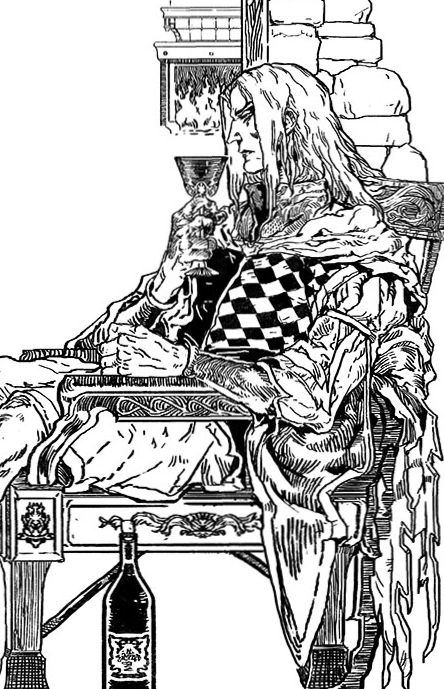 Line-work illustration of Elric seated in a carved chair staring over the top of his wineglass. A fireplace burns behind him. 