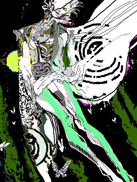 A being fashioned in a mystifying array of patterns floats, ghostlike, drifting a diagonal through the night sky. Behind them, turrets of cypress pierce the blackness as moths flutter in contrast and accent the Queen. An acidic moon weaves its magic into the maddening laces of Mothe’s attire. Their face is a half plated plain mask over glowing eyes and wild downy hair.