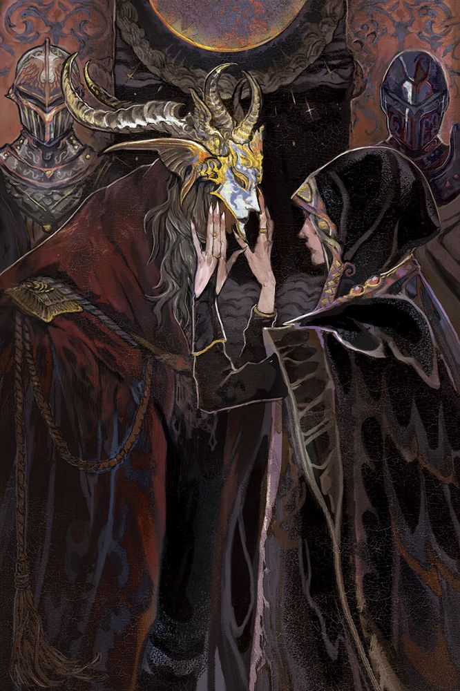 Cover Illustration for the book "Why Dead Gods Weep" By Emery Blaine. A woman wearing a hooded cloak is holding a mask up to the face of a long-haired man. He is wearing a velvety red cloak. The mask held to his face is ornate with horns and gilded wings. They are flanked by two armored soldiers in the background.