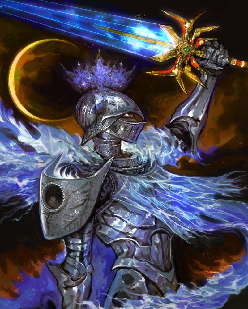 Illustration for the game Lunacid. A knight clad in shining silver plated armor gazes at a translucent blade with light inside. The hilt of the blade is shaped like a golden scattering star. The robes upon their shoulders seem to be a ghostly flame and above their helmet floats a similar spectral crown. A crescent moon shines in a fiery gold and gives a gilded edge to the robes. 