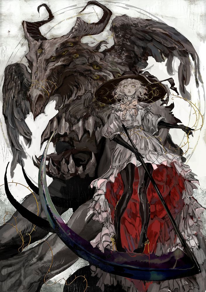 An illustration of a girl with a wide brim hat standing on a giant scythe. The underside of her hat is inscribed. Her dress is heavy with frills. There is a giant beast behind her with many eyes and coiled sharp horns. The beast is held in her hands by a thin lasso of gold thorns.