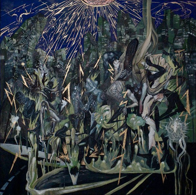 A painting of an enormous lightning storm that breaks out wildly over a city. The storm ignites a great mass of spirits as they emerge in all manner and form. 