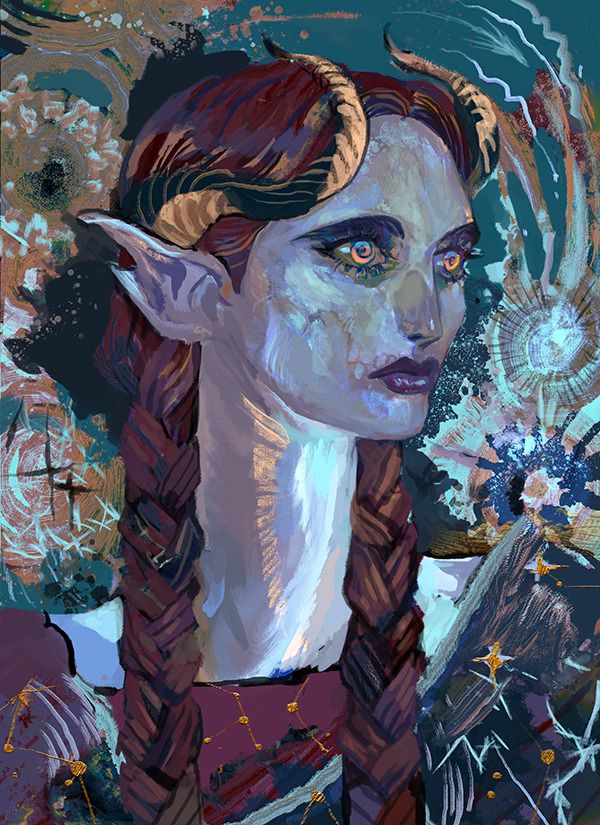 Portrait of a woman with horns and semi transparent skin. She has two long braids. 