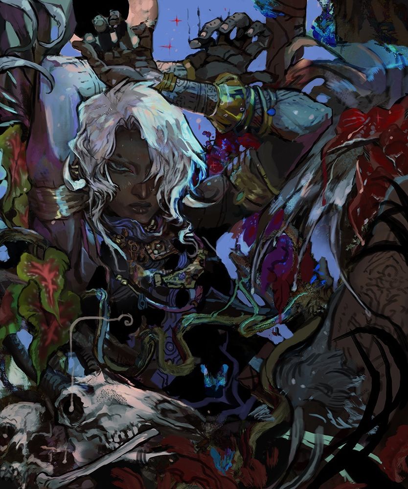 A young man sits aloft in a disorienting melange of tropical leaves, vines and skulls. His dark skin is offset by the gold jewelry he wears and his pale moonlight soaked hair. Atop his head his languid arms rest crossed and open palmed like the antlers of beast. 