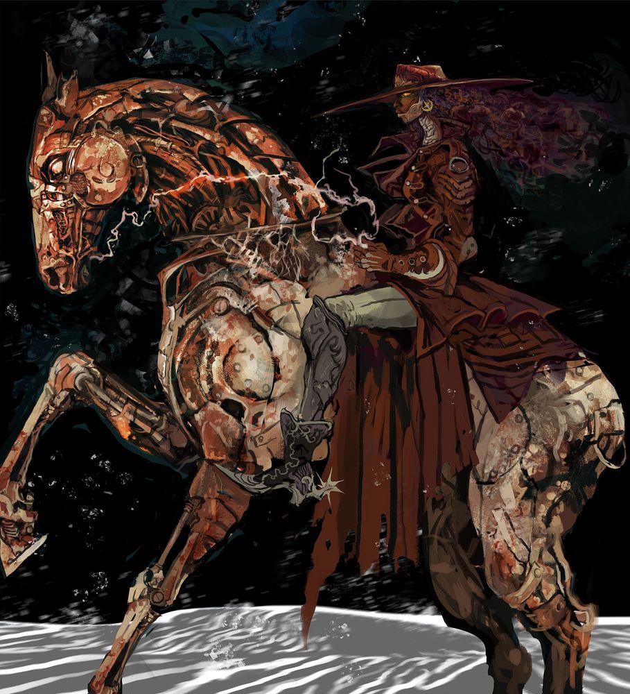 A woman in a wide brimmed cowboy hat rides a horse made of rusted metal. She holds reins made of electricity in her gloved hands. Her lower jaw is made of metal. 