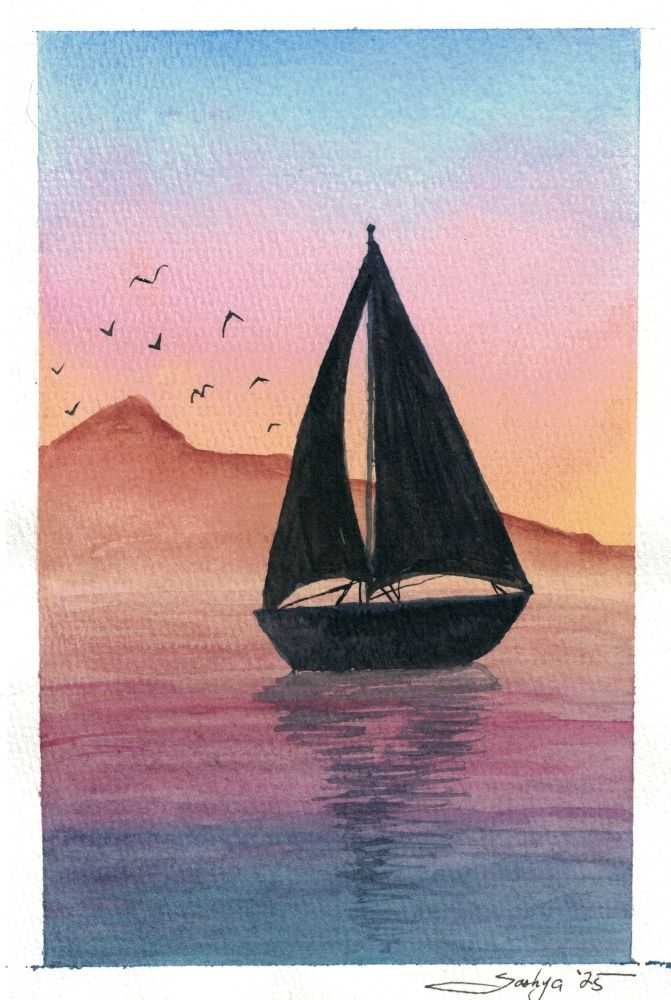 A watercolor painting of a silhouette of a sailboat on a smooth lake at sunset. (There are so many prepositions in that sentence!) The water is reflecting the dusky blues pinks and oranges of the sky. 