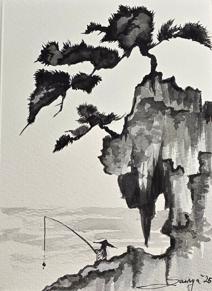 A watercolor painting of a Japanese field style mountain Cliff. There are two trees growing on the top of the cliff - both are positions so that they hang over the edge of the cliff. At the bottom near the water is a Japanese fisherman. 

(There's no glitter on this painting, sadly.)
