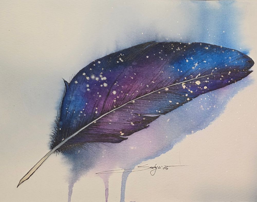 A watercolor painting of a galaxy contained  within a feather. 