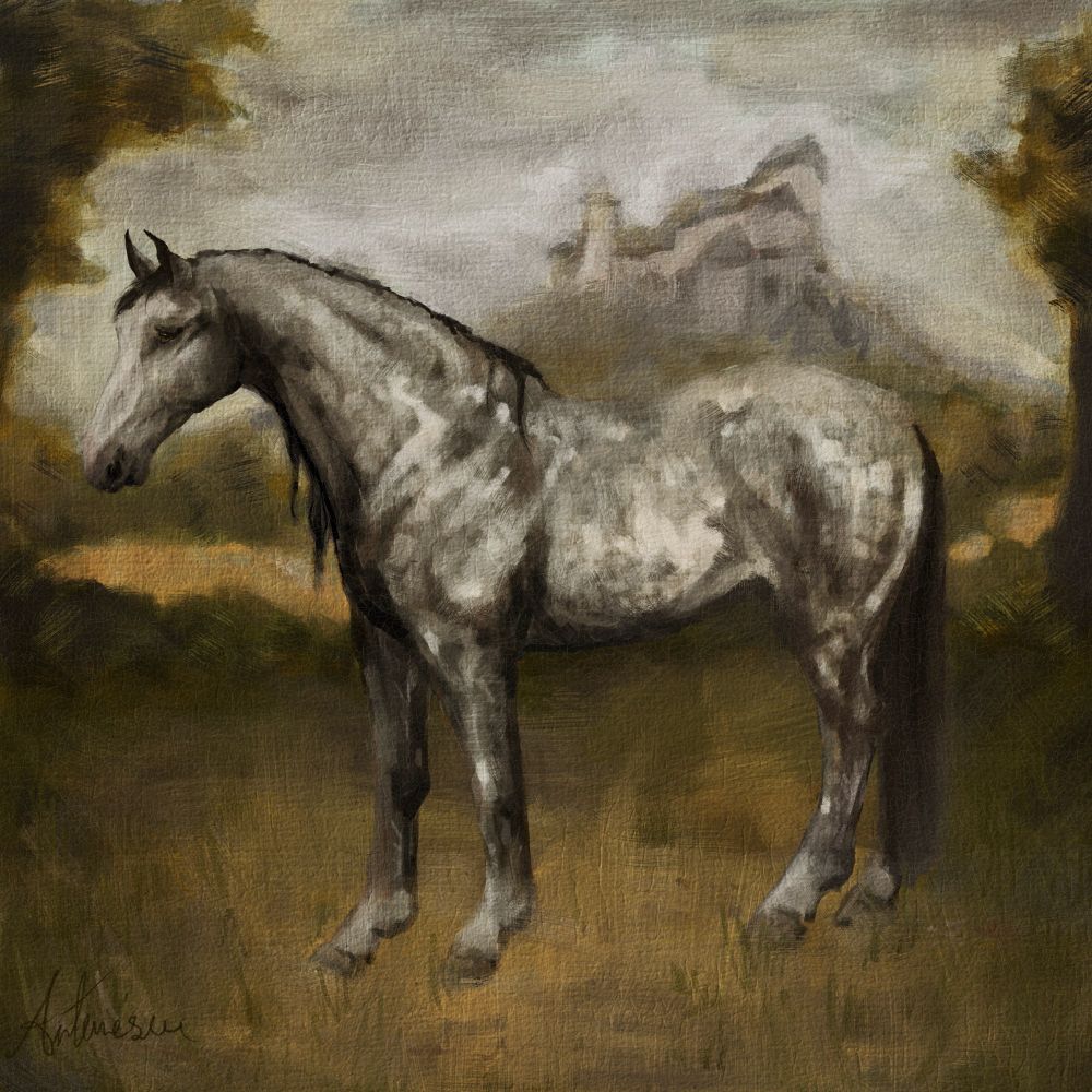 A painting of a gray horse in a landscape of Trosky