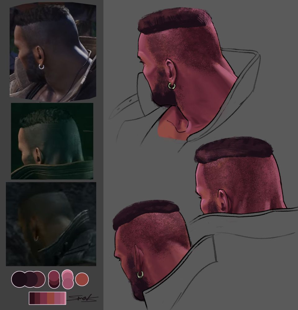 3 digital paintings of the back of Barret's head, each beside a corresponding screenshot of his 3D model.