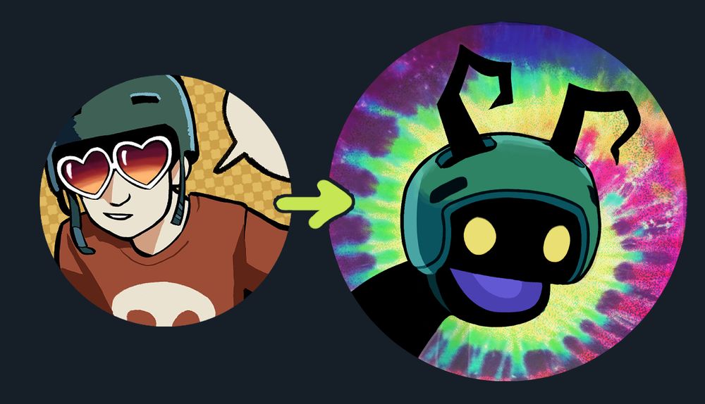 smovs's previous profile image, a self portrait, beside smovs's new profile image, a shadow puppet over a tie-dye background. both are wearing the same helmet.