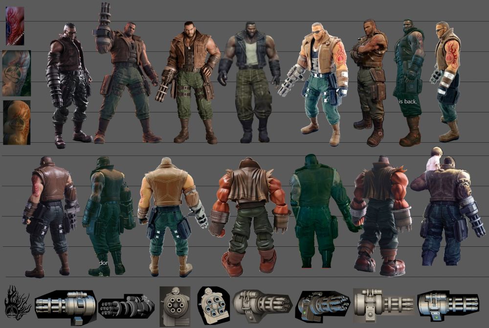 reference images of Barret Wallace at rotating angles. includes gun and tattoo reference.
