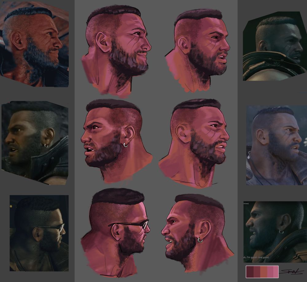 6 digital paintings of Barret facing sideways in various lighting, each beside a corresponding screenshot of his 3D model.