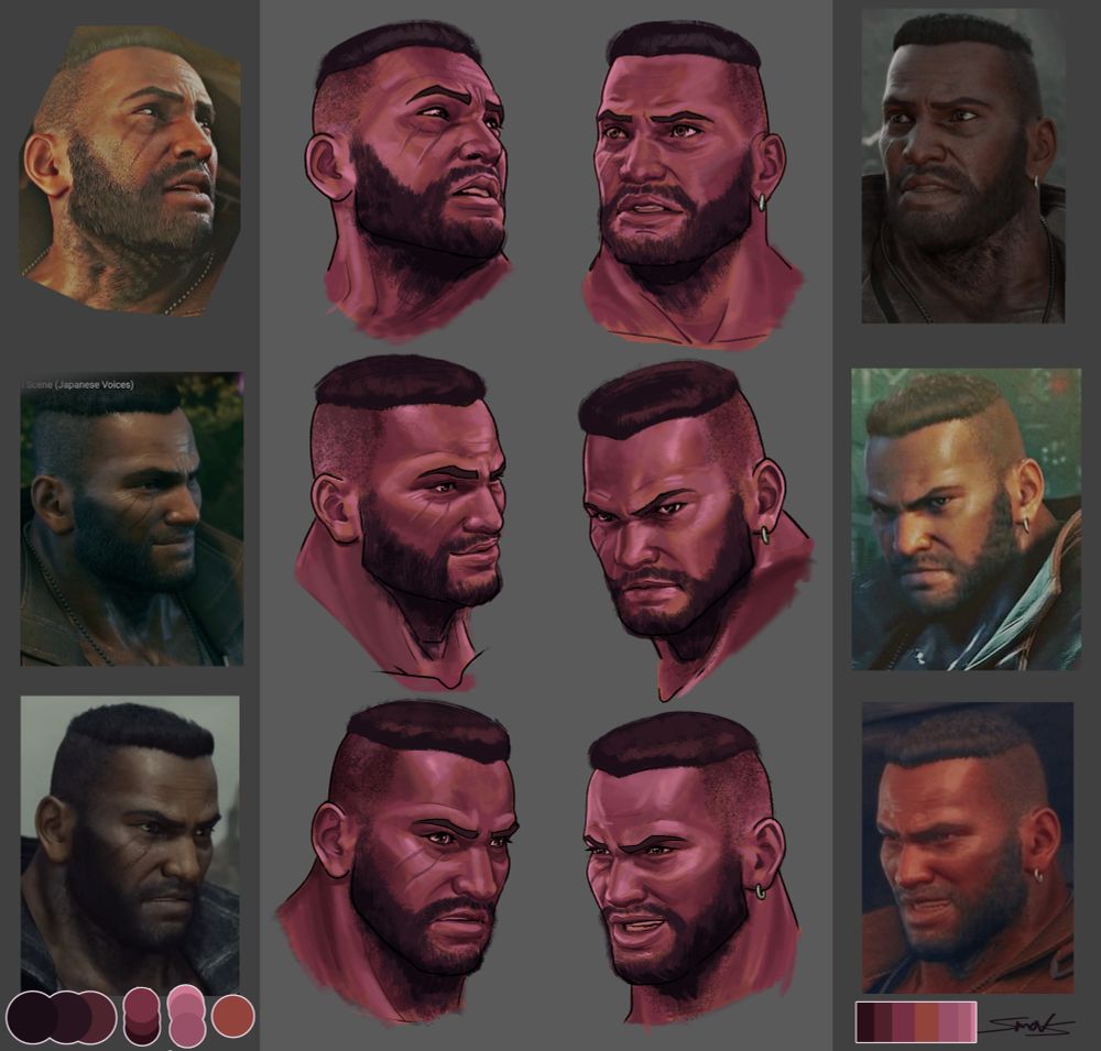 6 digital paintings of Barret at various angles, each beside a corresponding screenshot of his 3D model.