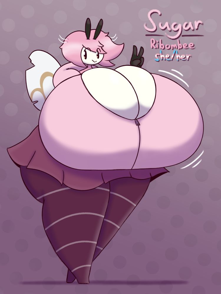 sugar!! a shiny ribombee oc, she/her (trans), she's very very pink and very very large, she wears a hoodie and skirt and stuff!