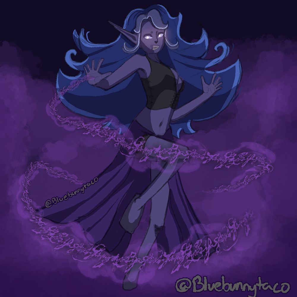 An elf with grayish purple skin and glowing eyes casting a dark spell with dark purple clouds surrounding her