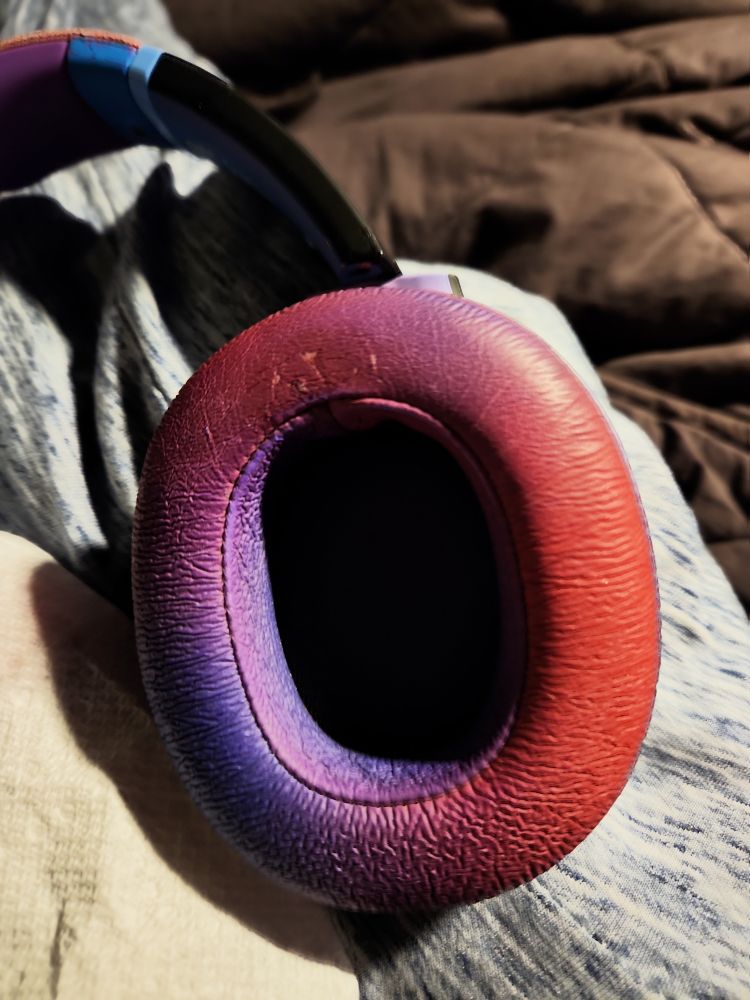 The same earpad as before, now with the white patches colored in with hair dye