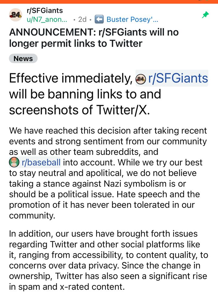 SF Giants subreddit post about banning X links because Nazi symbolism, hate speech and other issues. 