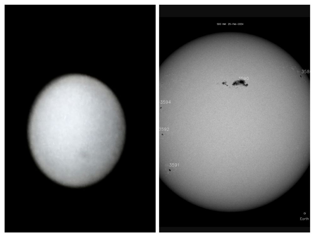 Nebeneinanderstellung zweier Bilder. Links ein vertauschtes Bild eines Kreises mit einem dunklen Fleck in der rechten unteren Ecke. Auf der Rechten Seite ein scharfes Bild des SDO Sonnensatelliten der den Fleck auf der Sonne mit hoher Auflösung zeigt.