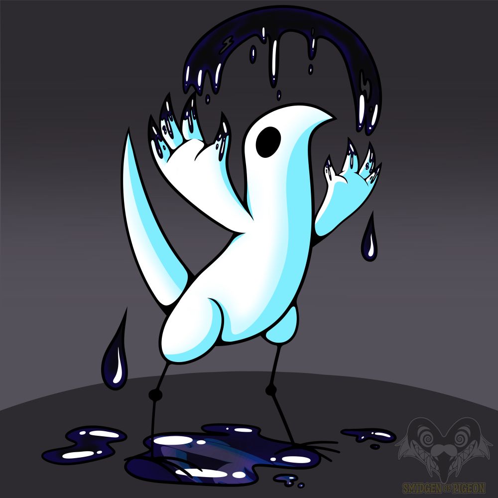 A white bird-like demon creature conjuring an arch of ink above their head. 