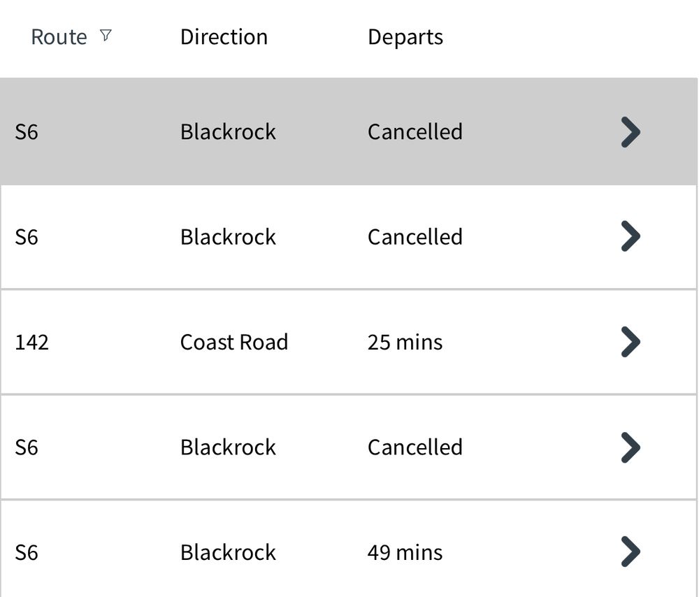 Real time passenger information showing 3 cancelled S6 buses before the next live one in 49 minutes.