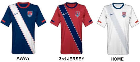 US National Soccer Team jerseys. From left to right: Blue with white sash (away), Red with blue sash (3rd), White with grey sash (Home)