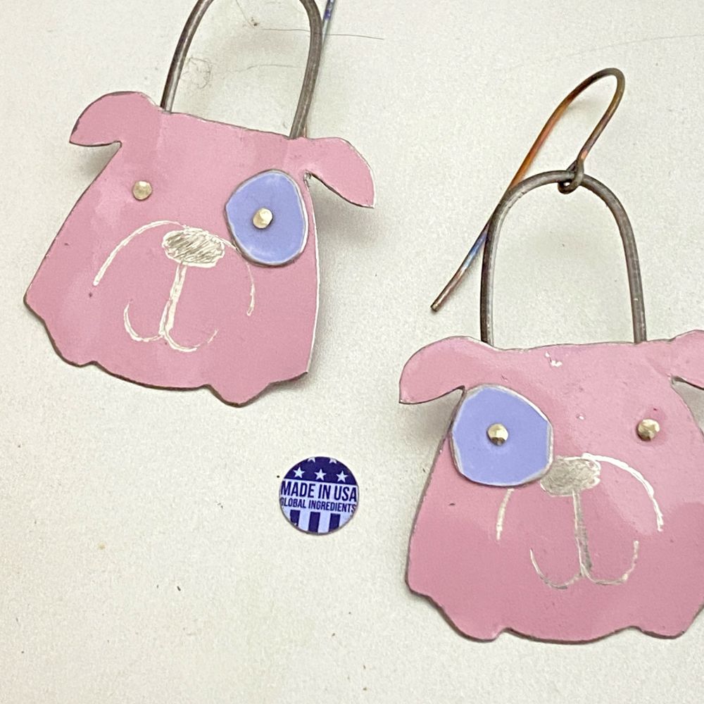 Little pink bulldog earrings made from upcycled tin. 