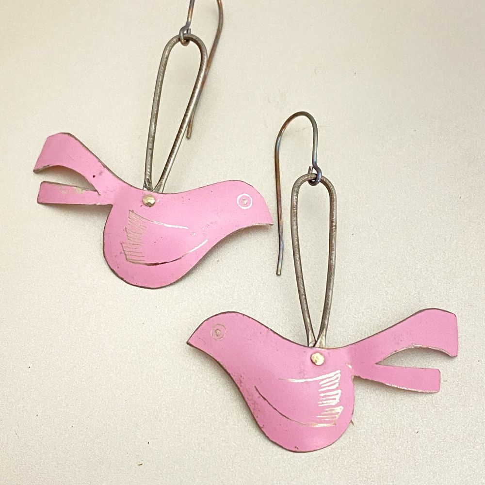 Little pink bird earrings made from upcycled tin. 