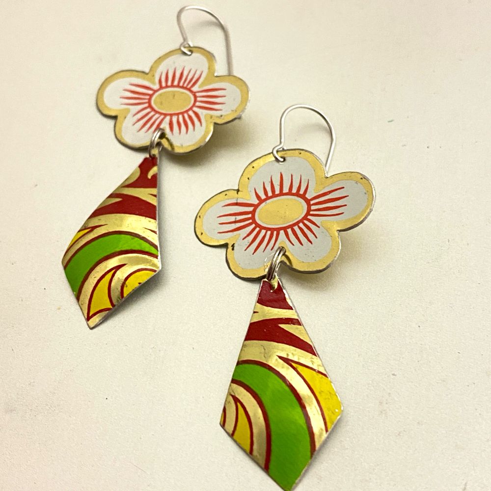 Vintage tin earrings. Little white flowers and elongated harlequins of spring green, sunny yellow and scarlet. 