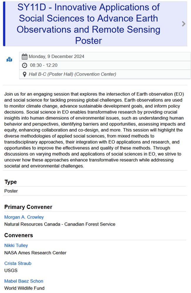 Screenshot of the AGU session SY11D - Innovative Applications of Social Science to Advance Earth Observations and Remote Sensing. Monday, Dec. 9th 8:30-12:20 EST. Session convened by @morganahcrowley.bsky.social (and others not on Bluesky)!