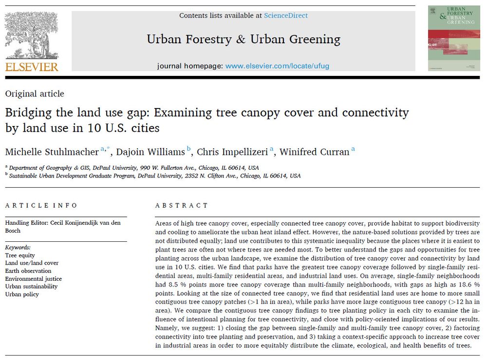 Screenshot of the first page of the Urban Forestry & Urban Greening article "Bridging the land use gap: Examining tree canopy cover and connectivity by land use in 10 U.S. cities". 