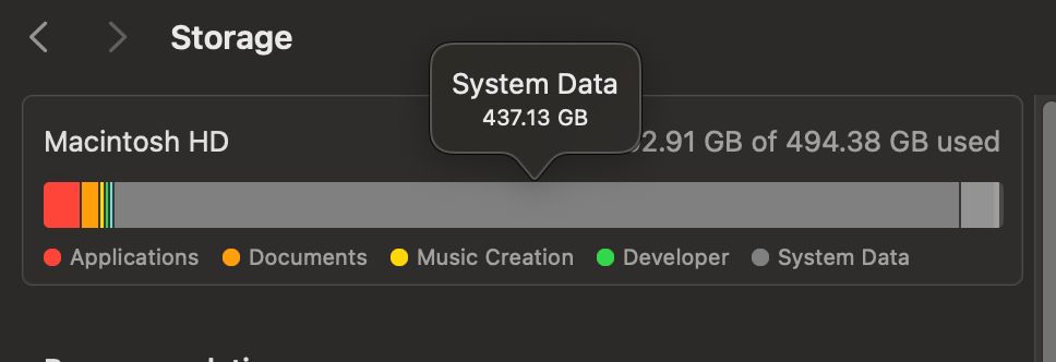 System data using 437 GB of space with Apple AI and Spotlight enabled.