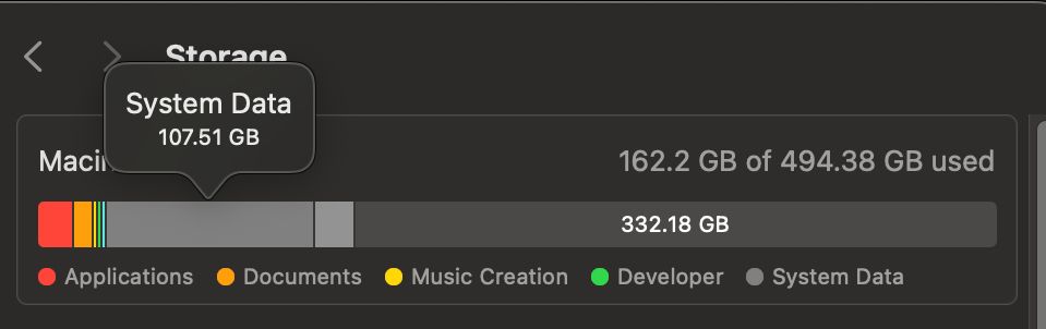 System data using 107.5 GB of space with Apple AI and Spotlight disabled.