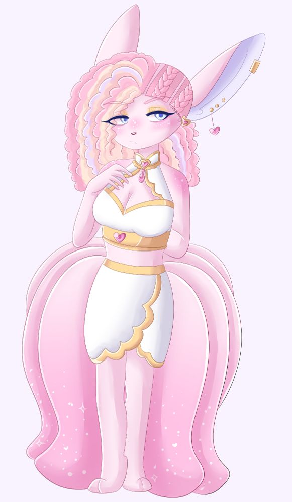 digital illustration of my oc calista! she's a pink kitsune woman with thick curly hair pulled half back into braids. she wears a two piece white and gold outfit with four piercings and has quite frankly so many tails.