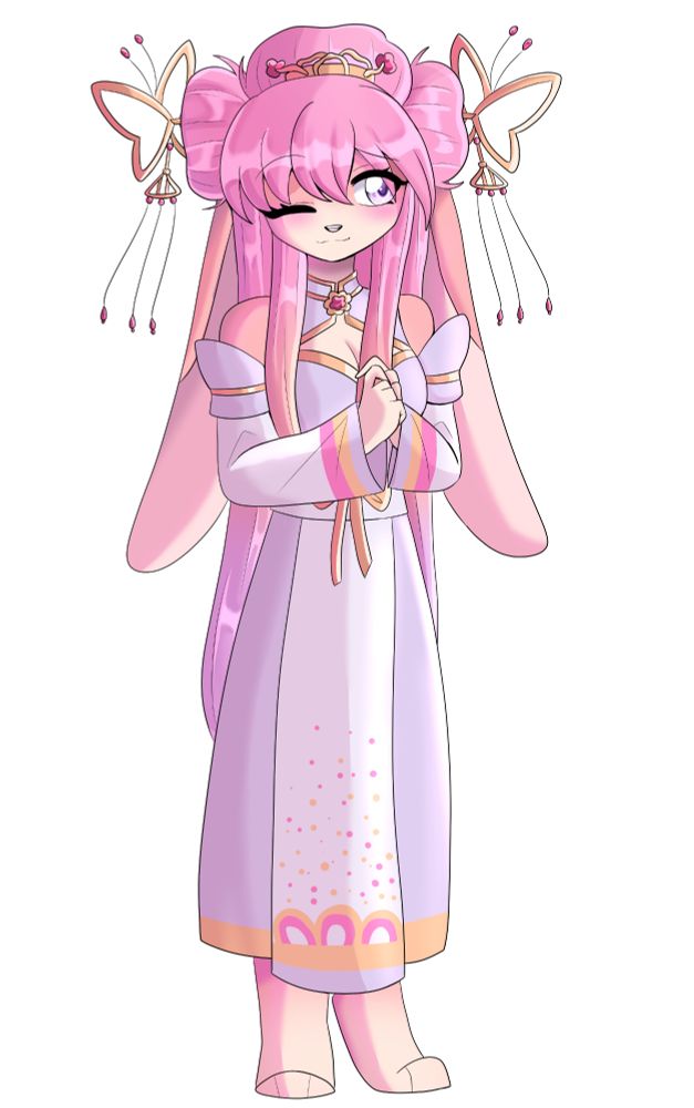 digital illustration of my oc mei-xia! she's an orange and pink rabbit with long pink hair, wearing a long lavender, gold and pink dress. her hair is decorated with gold and pink hair ornaments.