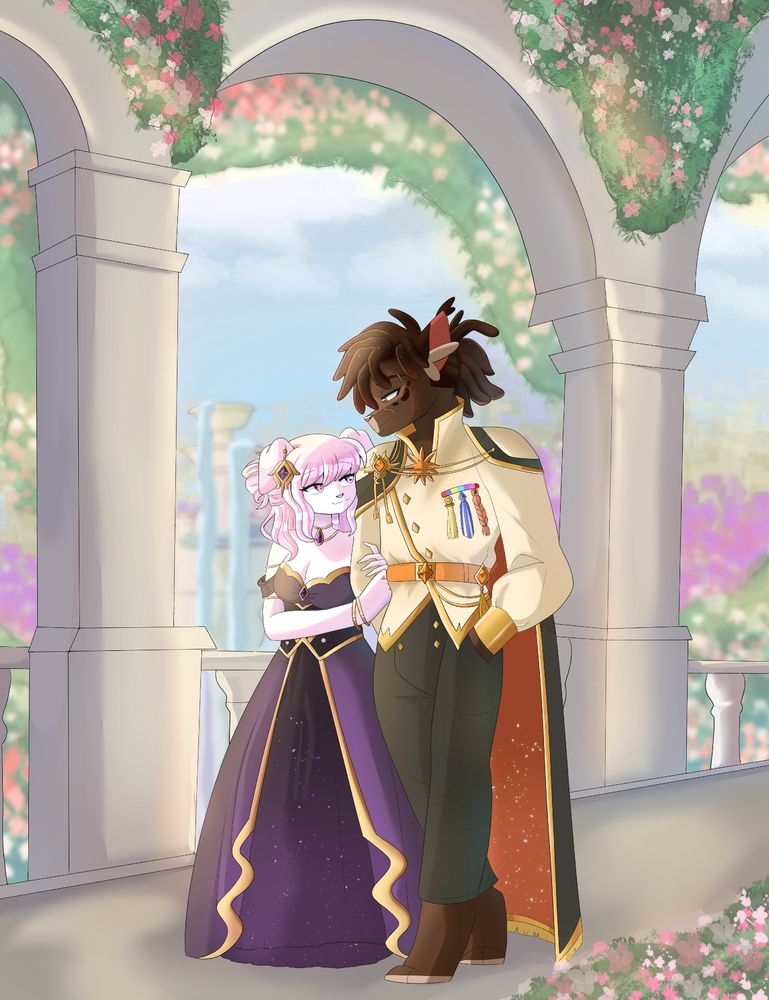 digital illustration of my oc mercy (left) and ruthi's oc keegan (right)! mercy is a white, pink and purple cat wearing a long dark purple regal dress. keegan is a brown lynx wearing a cream, navy and orange guard outfit. mercy holds onto keegan's arm while the two of them walk through the gardens of her royal palace.