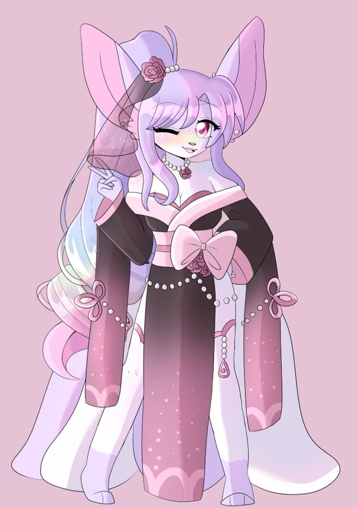 digital illustration of my oc midori! she's a lavender and white kitsune girl wearing a pink and black kimono with a rose fascinator in her hair. 
