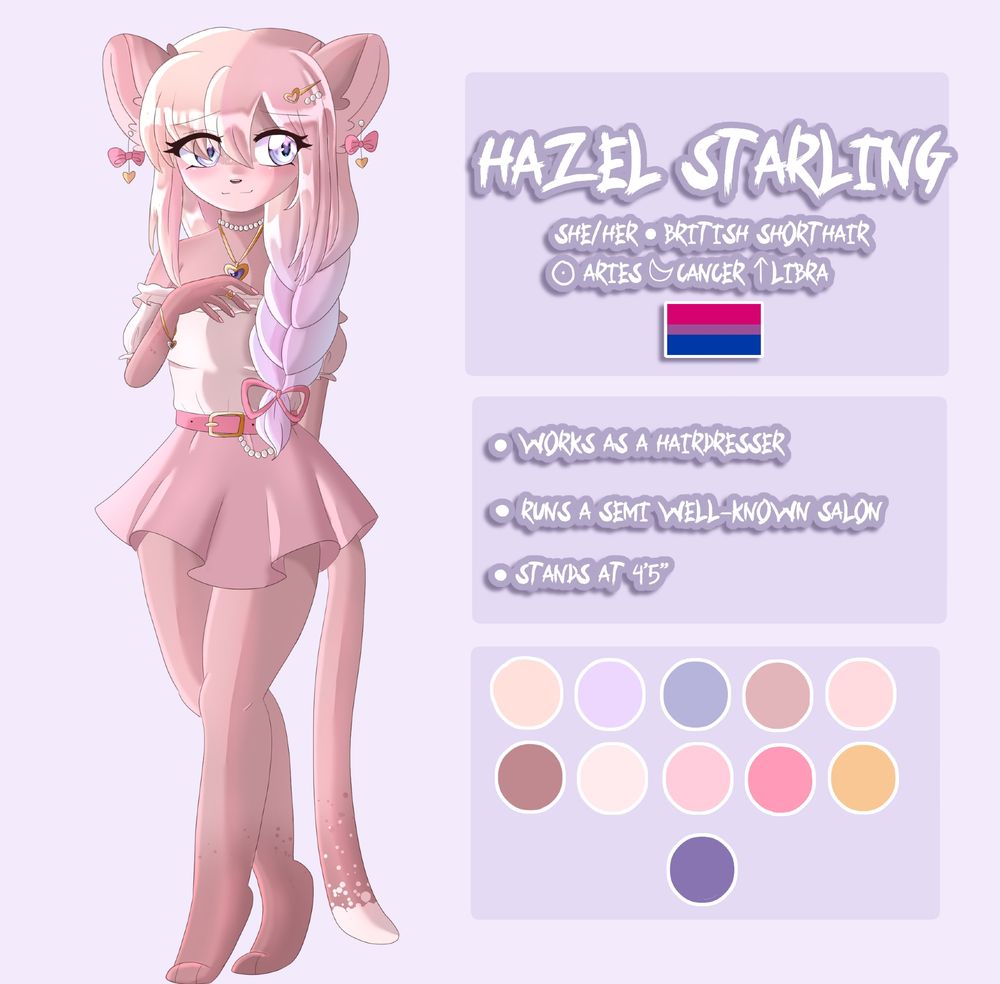 digital illustration of my oc hazel! she's a brown british shorthair with long blonde and purple hair worn in a braid, wearing a cream and pink outfit. the text on the image reads as follows:

Hazel Starling
she/her, british shorthair
aries sun, cancer moon, libra rising

- works as a hairdresser
- runs a semi well-known salon
- stands at 4'5"
