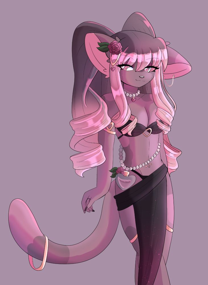 digital illustration of my oc cherami! she's a brownish purple calico cat girl with her hair in long drill curls, wearing a black and pink outfit... calling it an outfit is generous though... its basically a strapless bra and a panty barely covered by a long piece of fabric pretending to be a skirt...