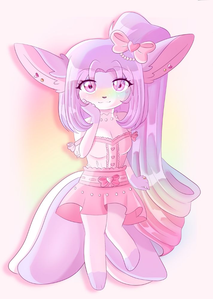 digital illustration of my oc midori! she's a lavender kitsune girl wearing a pink hime gyaru styled outfit. she's drawn in a chibi style, looking at the camera with one hand held in a cute way up to her face.