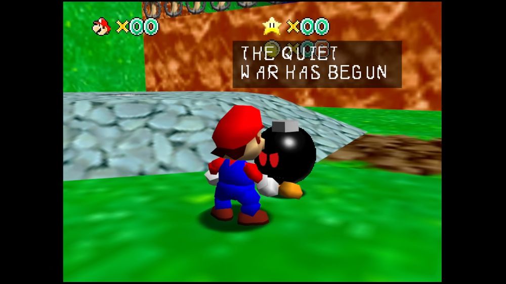 mario 64 talking to a black bob-omb with red eyes saying "THE QUIET WAR HAS BEGUN"