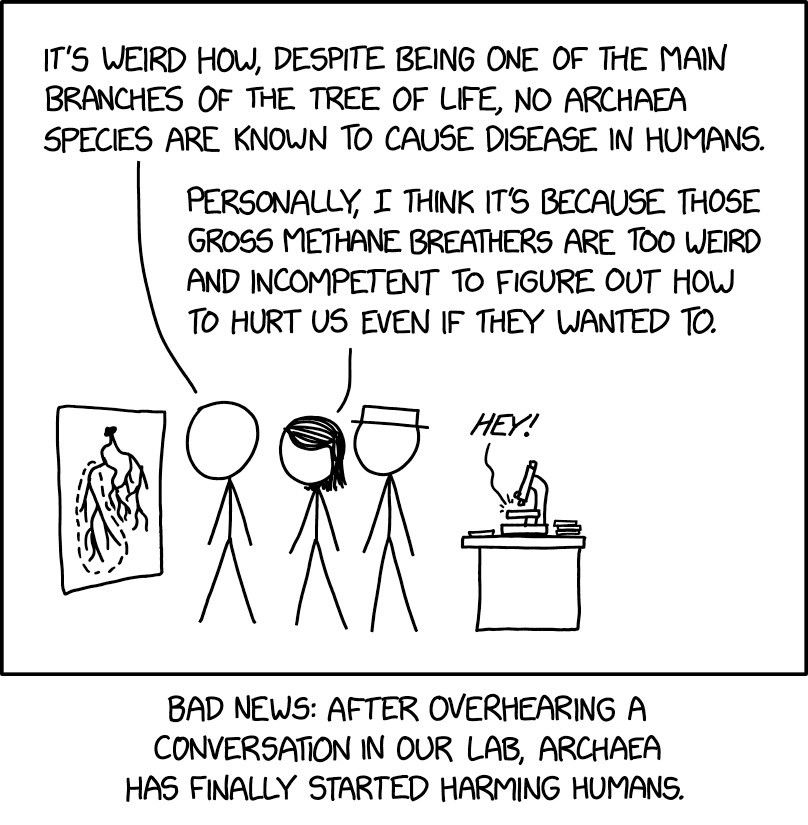 Comic. PERSON: It’s weird how, despite being one of the main branches of the tree of life, no archaea species are known to cause disease in humans. PERSON WITH SHORT HAIR: Personally, I think it’s because those gross methane breathers are too weird and incompetent to figure out how to hurt us even if they wanted to. [from small point under microscope on desk]: *Hey!* [caption] Bad news: After overhearing a conversation in our lab, Archaea has finally started harming humans.