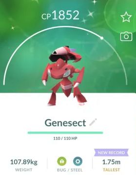 An image of a different captured Shiny Red Genesect within the Pokemon Go screen.