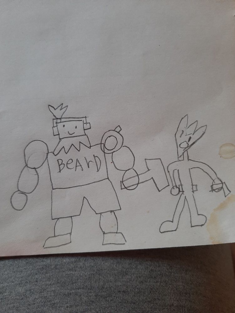 The crude drawing of shrike sanchez and Beebs bulldog browns from monkey wrenchin the style of terminalmontage.